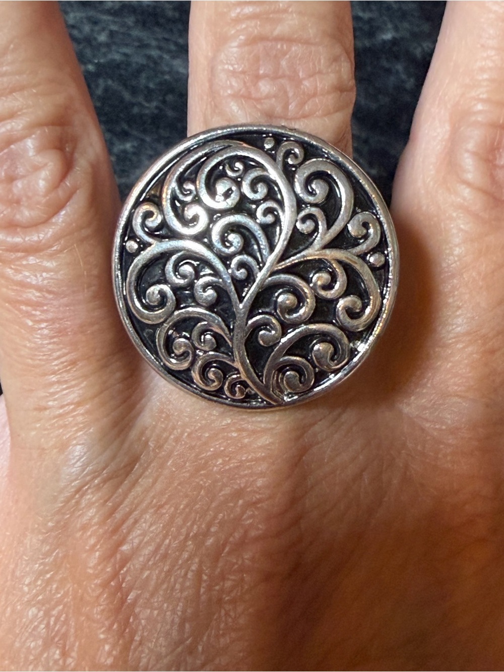 Silver Tone Filigree Scroll Statement Ring Stretch Boho Vintage Size 8